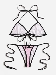 ROMWE Kawaii Cartoon Bear Graphic Contrast Binding Halter Tie Side Lingerie Set - Pink - View 2