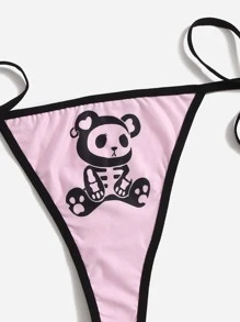 ROMWE Kawaii Cartoon Bear Graphic Contrast Binding Halter Tie Side Lingerie Set - Pink - View 4