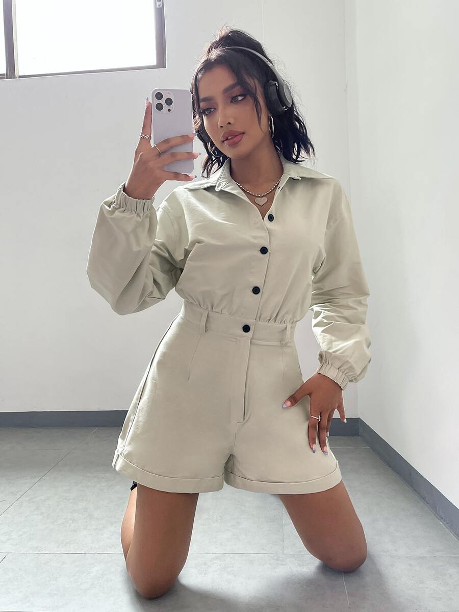 SHEIN EZwear Drop Shoulder Button Front Shirt Romper - Khaki - View 1
