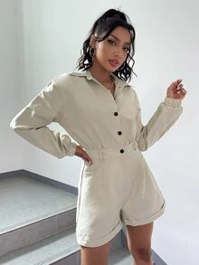 SHEIN EZwear Drop Shoulder Button Front Shirt Romper - Khaki - View 4