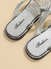 前衛戶外T字帶涼鞋適用於女士金屬質感水鑽和花朵裝飾素色PVC夾腳平底涼鞋 - 銀色 - 查看 4