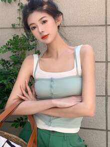 素色羅紋吊帶上衣和背心上衣套裝 - 薄荷綠 - 查看 3