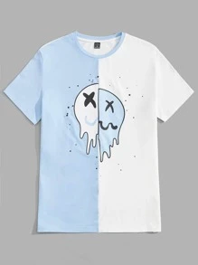 Manfinity VCAY 男士卡通圖案雙色T恤 - 藍白色 - 查看 1
