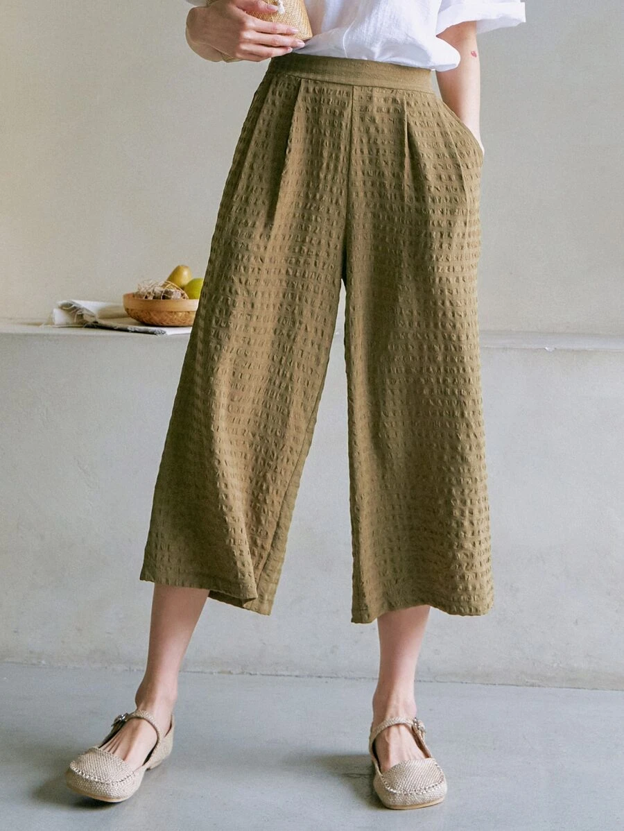 DAZY 高腰寬腿褲 - 橄欖綠 - 查看 1