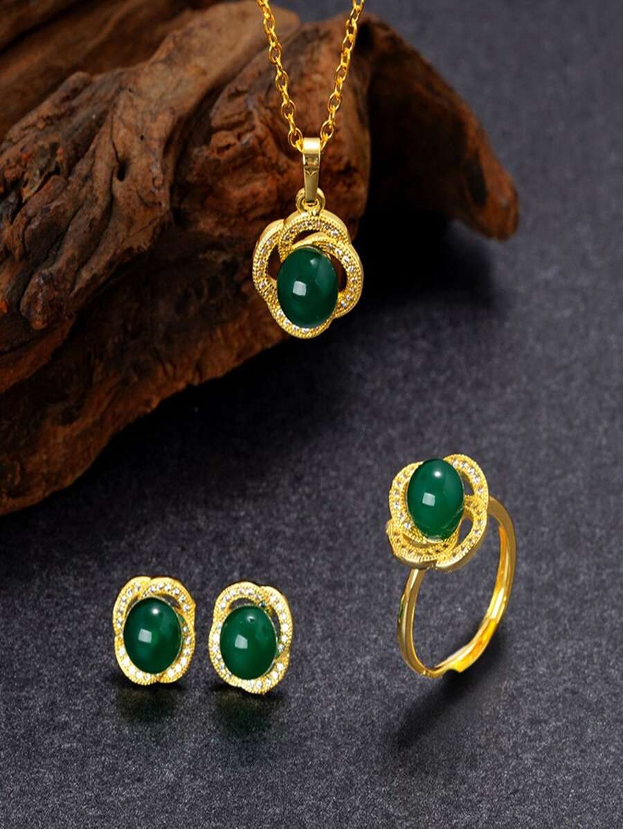 4pcs Rhinestone Decor Jewelry Set - Yellow Gold - View 1