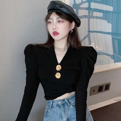 솔리드 퍼프 슬리브 쇼트 티셔츠