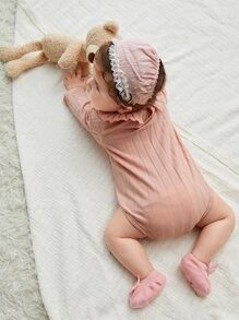 Newborn Baby Ribbed Knit Ruffle Trim Bodysuit - Dusty Pink - View 2