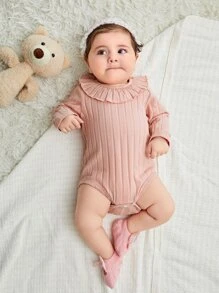 Newborn Baby Ribbed Knit Ruffle Trim Bodysuit - Dusty Pink - View 3