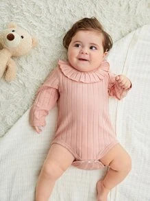 Newborn Baby Ribbed Knit Ruffle Trim Bodysuit - Dusty Pink - View 4