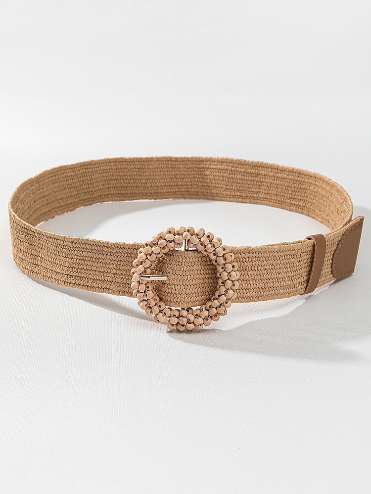 Beaded Buckle Straw Belt - Camel - View 2