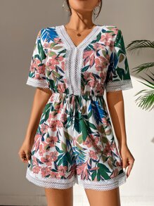 Floral Print Guipure Lace Panel Knot Front Romper - Multicolor - View 1