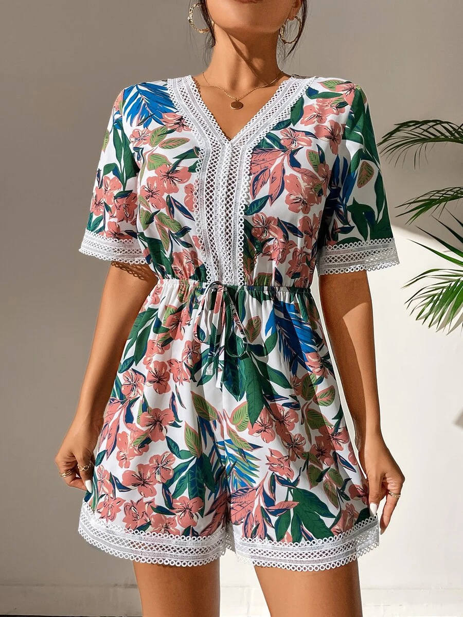 Floral Print Guipure Lace Panel Knot Front Romper - Multicolor - View 1