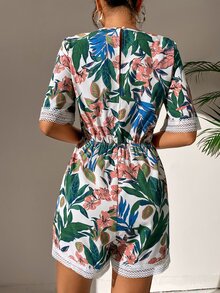 Floral Print Guipure Lace Panel Knot Front Romper - Multicolor - View 2