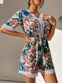 Floral Print Guipure Lace Panel Knot Front Romper - Multicolor - View 4
