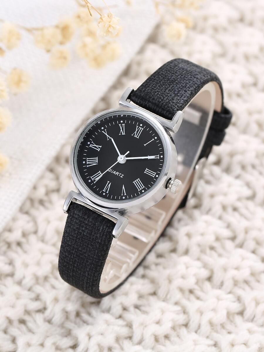 Đồng hồ đeo tay dây da số La Mã tối giản dễ thương, phù hợp cho học sinh tiểu học và trung học. - màu đen - Xem 1