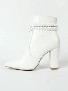 女士搭扣裝飾側邊拉鏈粗跟時尚優雅白色經典靴 - 白色 - 查看 6