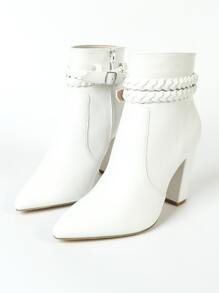 女士搭扣裝飾側邊拉鏈粗跟時尚優雅白色經典靴 - 白色 - 查看 7