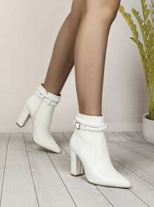 女士搭扣裝飾側邊拉鏈粗跟時尚優雅白色經典靴 - 白色 - 查看 5
