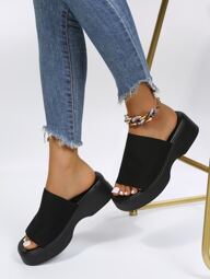 Women Single Band Flatform Slide Black Wedge Sandals