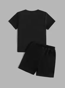 SHEIN Tween Boy Letter Graphic Tee & Drawstring Waist Shorts - Black - View 2