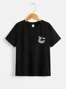 Tween Boy Graphic Print Casual T-Shirt, Comfortable And Suitable For Summer Daily Wear - Black - View 1