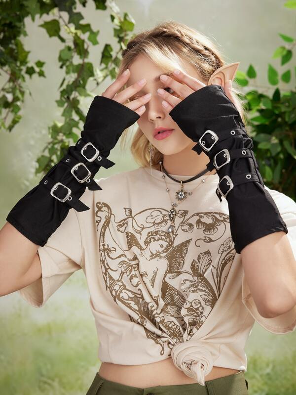 ROMWE Fairycore Buckle Decor Fingerless Glovesy2k