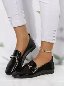 Mocasines Planos Con Decoración Metálica, Para Mujer Con Hebilla De Cadena De Metal Y Decoración De Piel De recubierto En Color Negro, Elegantes Y Cómodos, Adecuados Para Exteriores - Negro - Ver 1