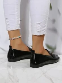 Mocasines Planos Con Decoración Metálica, Para Mujer Con Hebilla De Cadena De Metal Y Decoración De Piel De recubierto En Color Negro, Elegantes Y Cómodos, Adecuados Para Exteriores - Negro - Ver 2