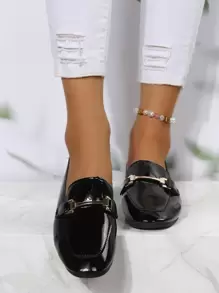 Mocasines Planos Con Decoración Metálica, Para Mujer Con Hebilla De Cadena De Metal Y Decoración De Piel De recubierto En Color Negro, Elegantes Y Cómodos, Adecuados Para Exteriores - Negro - Ver 3
