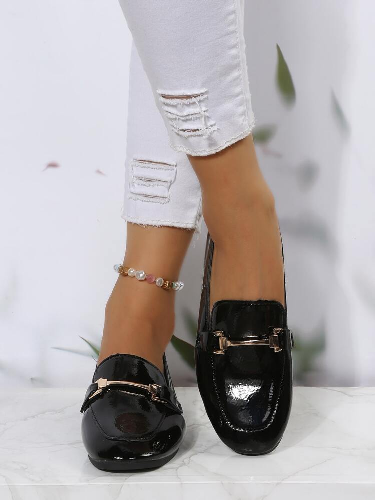 Mocasines Planos Con Decoración Metálica, Para Mujer Con Hebilla De Cadena De Metal Y Decoración De Piel De recubierto En Color Negro, Elegantes Y Cómodos, Adecuados Para Exteriores - Negro - Añade 5