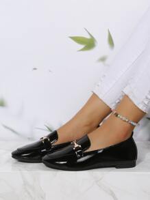 Mocasines Planos Con Decoración Metálica, Para Mujer Con Hebilla De Cadena De Metal Y Decoración De Piel De recubierto En Color Negro, Elegantes Y Cómodos, Adecuados Para Exteriores - Negro - Ver 6