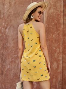 SHEIN VCAY Butterfly Print Notched Cami Dress - Yellow - View 2