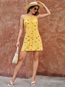 SHEIN VCAY Butterfly Print Notched Cami Dress - Yellow - View 4