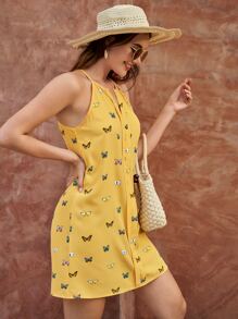 SHEIN VCAY Butterfly Print Notched Cami Dress - Yellow - View 5
