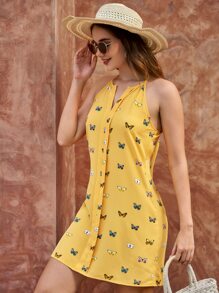 SHEIN VCAY Butterfly Print Notched Cami Dress - Yellow - View 6