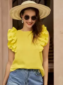 SHEIN VCAY Ruffle Trim Tie Back Blouse - Yellow - View 4