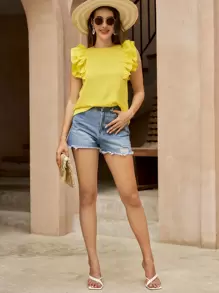 SHEIN VCAY Ruffle Trim Tie Back Blouse - Yellow - View 5