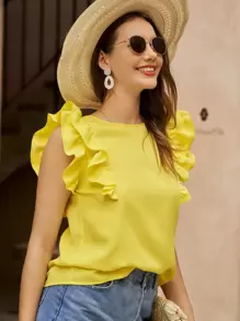 SHEIN VCAY Ruffle Trim Tie Back Blouse - Yellow - View 3