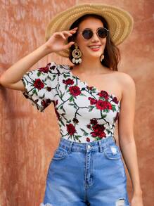 SHEIN VCAY One Shoulder Floral Print Scallop Trim Summer Beach Women Shirt - Multicolor - View 3