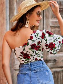 SHEIN VCAY One Shoulder Floral Print Scallop Trim Summer Beach Women Shirt - Multicolor - View 2