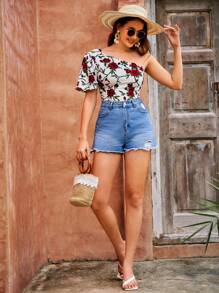 SHEIN VCAY One Shoulder Floral Print Scallop Trim Summer Beach Women Shirt - Multicolor - View 4