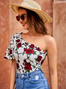 SHEIN VCAY One Shoulder Floral Print Scallop Trim Summer Beach Women Shirt - Multicolor - View 5