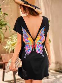 SHEIN VCAY Butterfly Print Batwing Sleeve Dress - Black - View 1