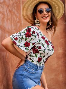SHEIN VCAY One Shoulder Floral Print Scallop Trim Summer Beach Women Shirt - Multicolor - View 6