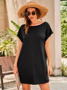 SHEIN VCAY Butterfly Print Batwing Sleeve Dress - Black - View 2