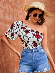 SHEIN VCAY One Shoulder Floral Print Scallop Trim Summer Beach Women Shirt - Multicolor - View 1