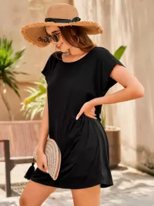 SHEIN VCAY Butterfly Print Batwing Sleeve Dress - Black - View 3