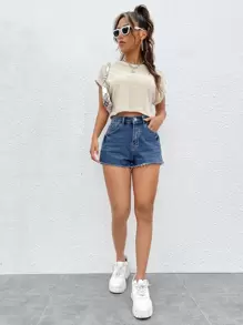 SHEIN EZwear Camiseta Caqui Con Manga De Murciélago Y Textura
