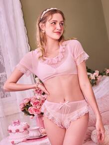 ROMWE Kawaii Contrast Lace Bow Decor Sheer Lingerie Set - Baby Pink - View 3