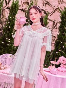 ROMWE Kawaii Contrast Lace Bow Decor Ruffle Hem Dress - White - View 1